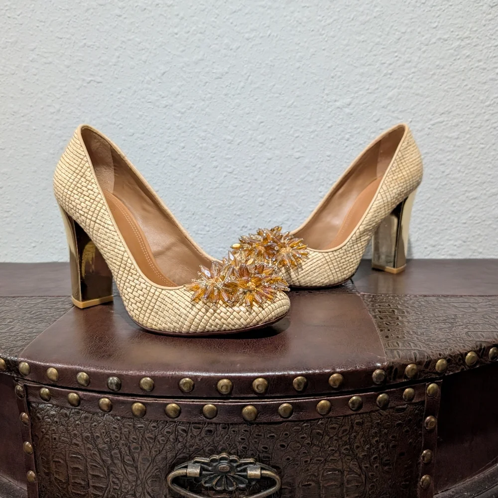 Tory Burch Metallic Kendra Raffia Pump Heels size 9.5